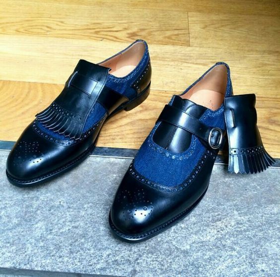 NEW Handmade Men brogue Strap Fringe Shoes, Men Black Blue Leather Suede Shoes