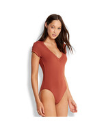 Seafolly 10778-058 Active V Neck Bodysuit One Piece Burnt Amber (12) - $55.05 CAD