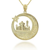 10K Gold Islamic Crescent Moon Star Mosque Islamic Characters Pendant Necklace - £224.00 GBP+