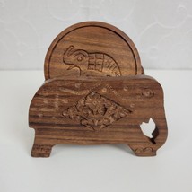 Vintage Hand Carved Wooden Elephant Coaster 6pcs Set Brown Kitchen Colle... - $18.50