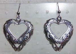 Sterling Silver 1.25&quot; Dangle Open Heart Feather Plume Earrings Hook 14.1g - £24.10 GBP
