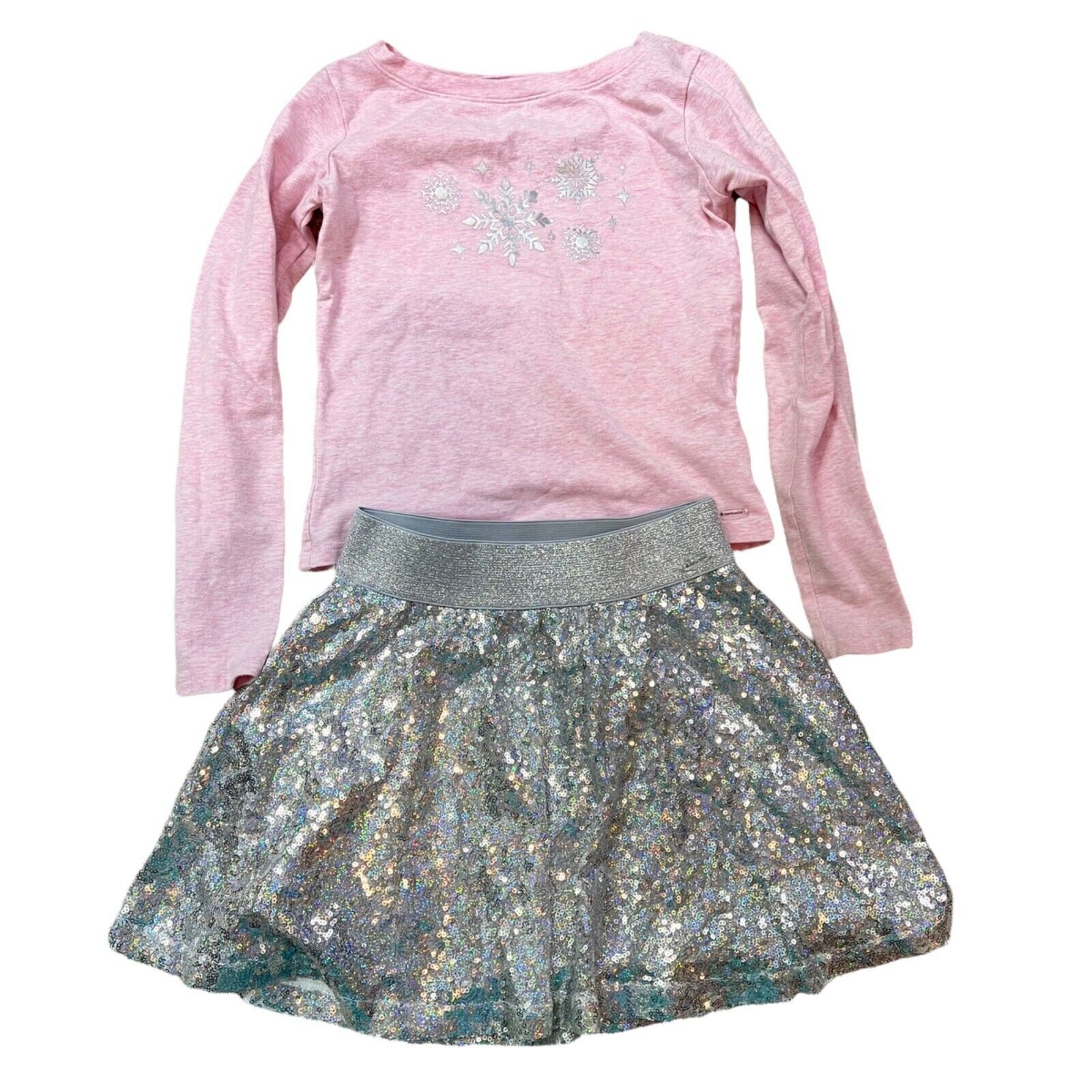 American Girl Snow Pretty Pink Top & Silver Sparkle Skirt for Girls Small 7/8 - $38.40