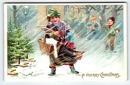 Christmas Postcard Mother Boys Goose Snowballs Snow Storm Basket Tuck Se... - £15.29 GBP