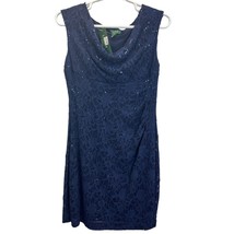 LAUREN Ralph Lauren Lace Dress Blue Size 16 Sequins Sleeveless Cowl Neck Party - £59.73 GBP