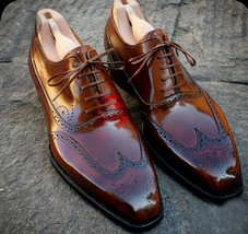 Men&#39;s Handmade Brown Leather Lace Up Wingtip Brogue Oxford Dress Formal ... - £100.51 GBP+