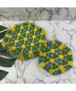 Vintage 80s Floral Trivet Set of 2 Green Yellow Yarn Fringe Geometric Ki... - $420.78 MXN