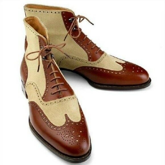 Men's Two Tone Brown Brogue Toe Genuine Leather Beige Suede Ankle Boots US 7-16