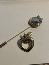 2 Vintage Apple Lapel Pins Stick Pin Teacher Heart Gold Tone - See Descr... - £4.82 GBP