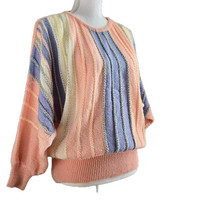 Vintage Angenie Large 80s Fashion Pink Acrylic Blend Sweater Knitted Rib Stripe - £30.60 GBP