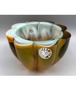 Vtg Vitrocolor Recycled  Glass Candle Holder Scalloped Multicolor Swirl - $21.67