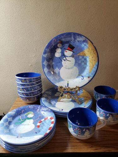 18 SAKURA EVOLUTION HOLIDAY CHRISTMAS BLUE SNOWMEN MELAMINE PLATES CUPS BOWLS - $39.99