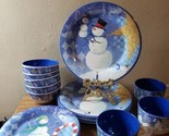 18 SAKURA EVOLUTION HOLIDAY CHRISTMAS BLUE SNOWMEN MELAMINE PLATES CUPS ... - £32.06 GBP