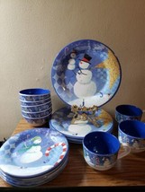 18 SAKURA EVOLUTION HOLIDAY CHRISTMAS BLUE SNOWMEN MELAMINE PLATES CUPS ... - £31.85 GBP