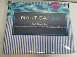 NauticaKids Shark Ocean Blue White Stripe FULL Sheet Set NEW Nautica Kids - £23.97 GBP