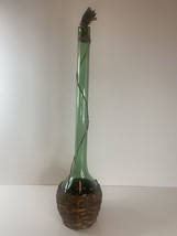Vintage Italian Green Glass 20”Tall Wine Bottle Decanter With Wicker Base - £42.74 GBP
