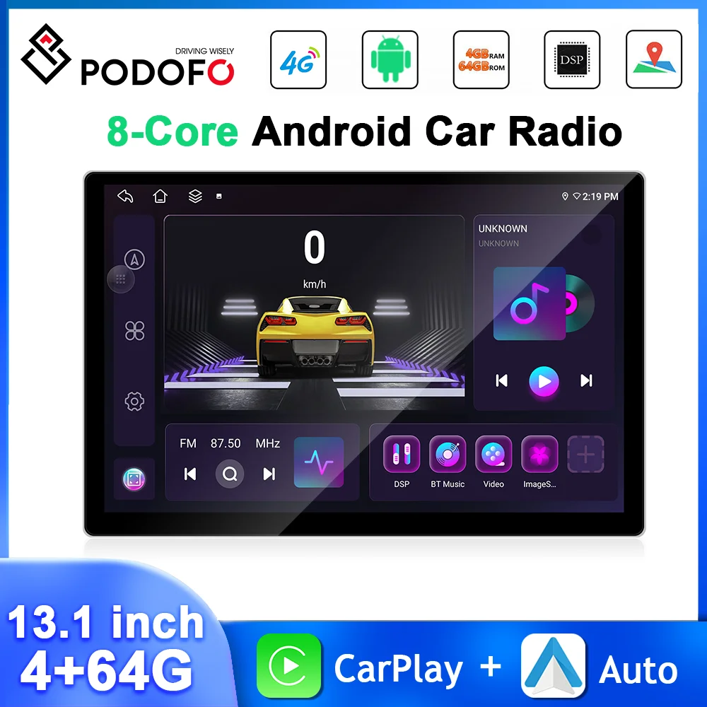 Podofo 13.1&#39;&#39; 2K Car Stereo 8 Cores 4+64G Multimedia Player Carplay Android Auto - £212.71 GBP+