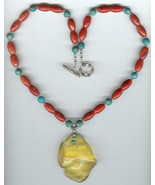 Red Sponge Coral Barrel Beads and Turquoise Nuggets with Huge Amber Cent... - £71.94 GBP