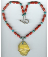Red Sponge Coral Barrel Beads and Turquoise Nuggets with Huge Amber Cent... - $123.52 CAD