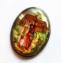 Vintage Russian Fedoskino Brooch Hand Painted Laquer on Mother of Pearl ... - $97.02