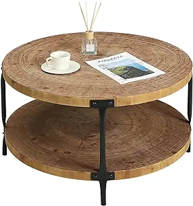 Round Boho Wood Coffee Table - 31.5&quot; Farmhouse Natural Circle Wooden 2-T... - $370.99