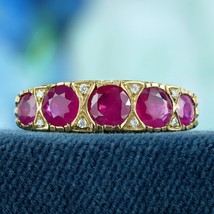 Natural Ruby and Diamond Vintage Style Five Stone Ring in Solid 9K Yellow Gold - £704.03 GBP