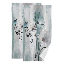 Hand Towels For Bathroom Set Of 2 Farm Teal White Daisy Floral Flowers Butterfly - £30.04 GBP