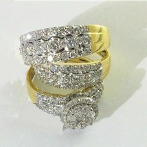 3 CT Simulated Diamond Wedding Bridal Engagement Trio Ring925 Silver Gold Plated - £103.50 GBP