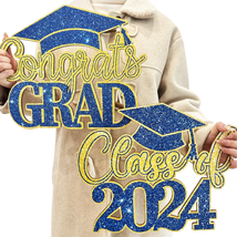 Blue and Gold Graduation Decorations 2PCS - Class of 2024 Wooden Signs Graduatio - £19.90 GBP