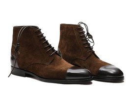 Men Brown Suede Black Cap Toe Lace Up Custom Genuine Leather Ankle Boot US 7-16 - £125.33 GBP