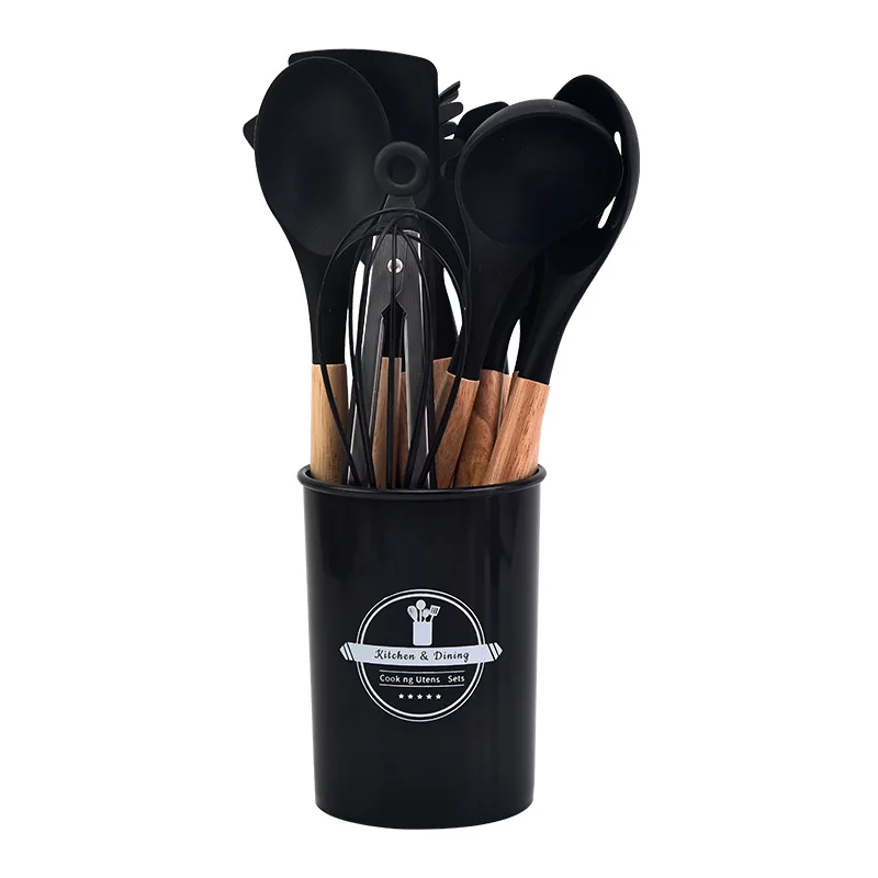 12Pcs Silicone Kitchen Utensils Cooking Wooden Handle (Black) - £25.56 GBP