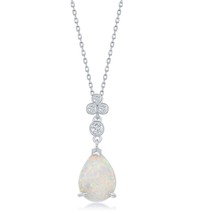 Sterling Silver Triple CZ Cluster Pear-Shaped White Inlay Opal Pendant - £32.75 GBP