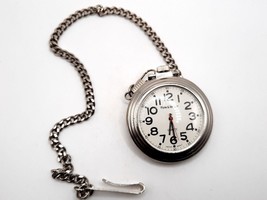 Plow &amp; Hearth Quartz Pocket Watch New Battery Silver Tone With Chain Clip 50mm - £17.83 GBP