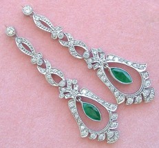 Art Deco 1.46ctw Diamond Marquise Emerald Platinum 2&quot; Dangle Cocktail Earrings - £3,470.78 GBP