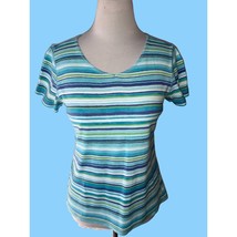 Liz Claiborne Ladies Vneck Ss Colorful Striped Top Tunic Tee Tshirt Euc M - £18.29 GBP