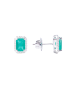 14ct White Gold Natural Emerald &amp; Round Diamond Rectangle Stud Earrings ... - $1,375.44