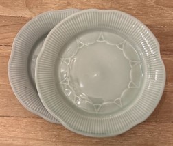 Pier 1 Celadon Dinner Plate Green 9.5&quot; Embossed Ribbed Scalloped Trim - Set of 2 - $29.00