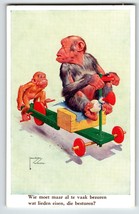 Monkey Chimps On Wood Cycle Postcard Larson Wood Signed Fantasy Anthropomorphic - £13.43 GBP