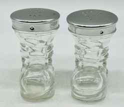 Vintage Clear Glass Boots Shoes Salt Pepper Shaker Set Santa Silver Tops... - $12.19