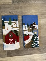 Lot of 2 Christmas Hand Towels House Barn Snow Holiday Kitchen Decor Snowman - £6.33 GBP