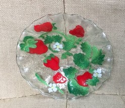 Vintage Strawberries And Daisies Fused Glass Bowl Crimped Ruffled Edge - $17.82