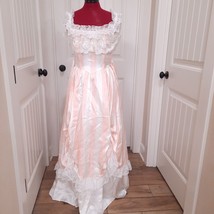 Vintage Gunne Sax Dress sz 7 peach pink stripes Lace Prairie Victorian satin - £239.78 GBP