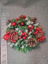 Vtg Christmas Wreath Candle Ring Plastic Greenery Red Berries, Pinecones 8&quot; - £12.64 GBP