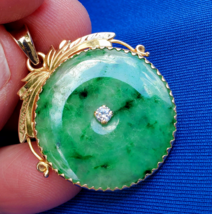 Earth mined Green Jadeite Jade Diamond Vintage Deco Pendant 14k Gold Medallion - $4,913.68 CAD