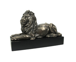 Metallic Bronze Finish Lion Lying on Plinth Tabletop Statue 8.75 Inches Long - £60.54 GBP