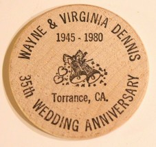 Vintage Torrance California Wooden Nickel 1980 Wedding Anniversary - $4.94