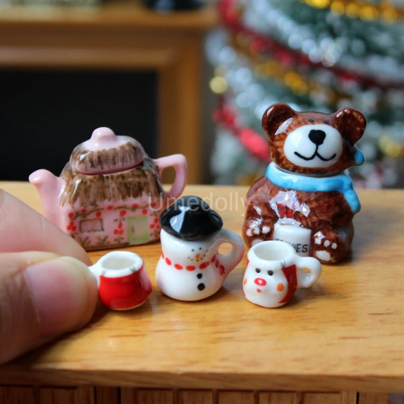 1/12 Miniature Dollhouse Porcelain Mini Teapot Snowman Tea Cup Set for Barbies - £9.06 GBP+