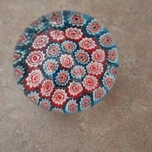 Art Glass Paperweight MIlliflori Red Blue Floral Round - $34.64