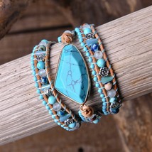 Women Wrap Bracelets Natural Stones Turquoise 3 Layers Leather Cuff Bracelet Fem - £24.77 GBP