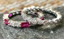 2.25Ct Round Cut Ruby &amp; Diamond Wedding Eternity Bands Ring 14K White Gold Over - £70.24 GBP
