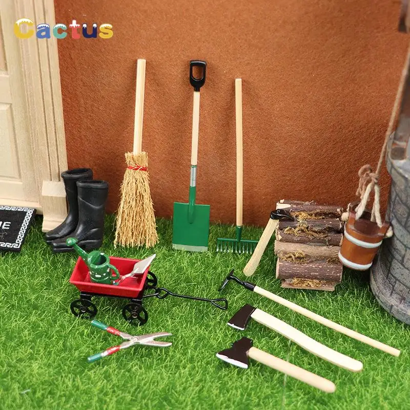 1 Set 1:12 Dollhouse Miniature Farm Tool Ax Shovel Pull Cart Broom Boots - £11.92 GBP